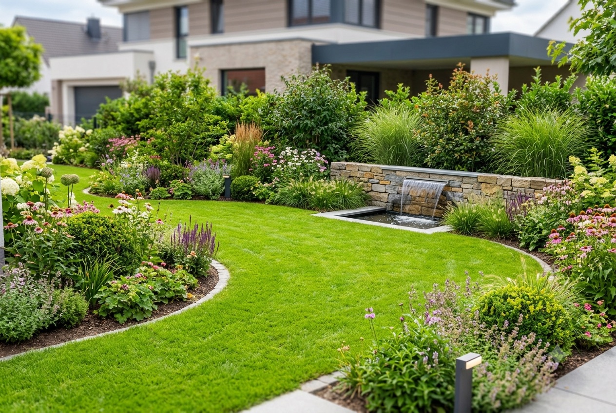 Modern gestalteter Familiengarten mit Beeten und Rasen